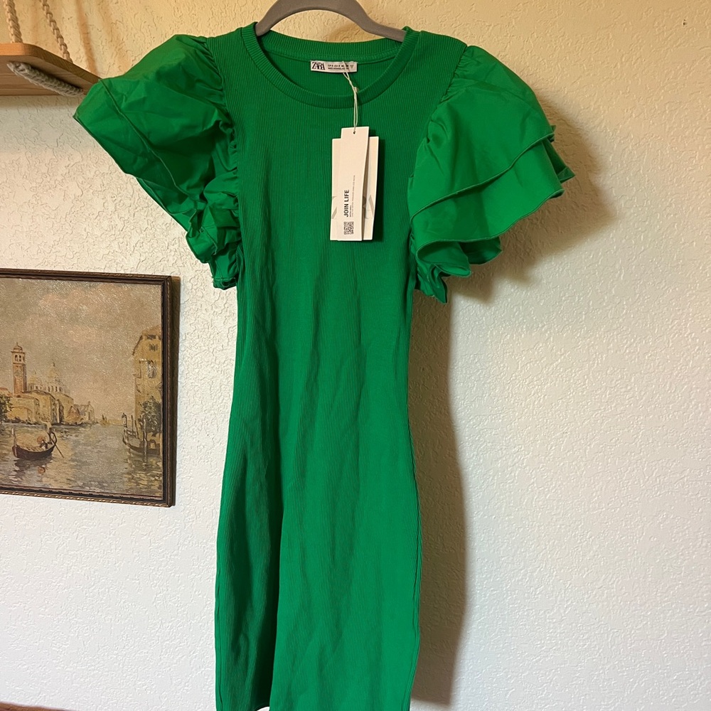 ZARA Green Ruffled Dress